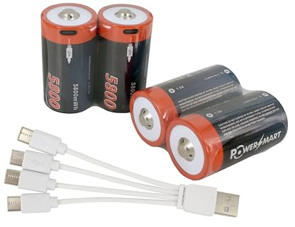 PowerSmart Batterie (4 confezioni) 5800 mWh 1,5 V LR20 Mono D USB-C, ricaricabili, con cavo di ricarica USB 4 in 1 per telecamere, telecomandi, torce elettriche