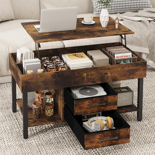 ARTETHYS Coffee Table, Coffee Tables with Storage for Living Room, Lift Top Wooden Coffee Table with Hidden Compartment, 2 Drawers, Open Shelf, Rustic Brown