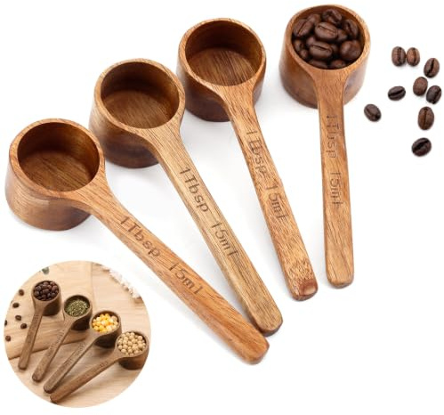 4uds Cucharas Medidoras de Madera de Acacia, Multifuncionales 15ml y 1 Cucharada Accesorios Cocina Prácticos para Granos Té Especias y Más