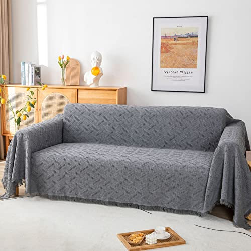 LHGOGO Großer Sofa Überwurf aus Baumwolle | Jacquard Webart | Übergröße Decke als Couchbezug mit Fransen | Für Ecksofa, 3-Sitzer & als kuschelige Wohndecke - Dunkelgrau, 180x300cm