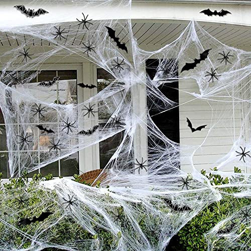 Telarañas Halloween: 100g de Telarañas Blancas, 30 Arañas Falsas y 24 Murciélagos para Decoración de Terror en Halloween
