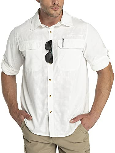 Outdoor Ventures Herren Langarm Hemd Outdoor Funktionshemd Schnelltrocknende Shirts Casual Freizeithemd Atmungsaktive Sportshemd Frühling Sommer Herbst mit Taschen für Wandern Camping Weiß M