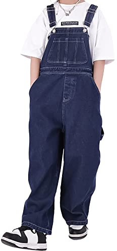 Rolanko Girls Jeans Bib Overalls, Baggy Denim Dungarees Jumpsuit for Big Kids, Dark Blue Pocket, Tag Size:170