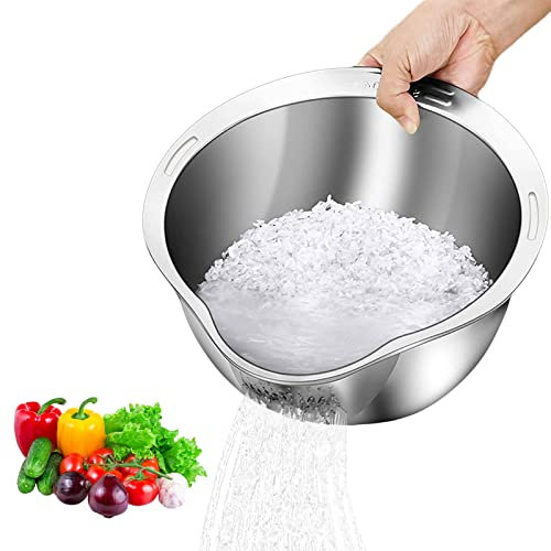 Cuenco de acero inoxidable para lavar arroz, colador de arroz, 2 cuencos de drenaje de metal, colador de malla fina multiusos para lavar arroz y verduras (plata)