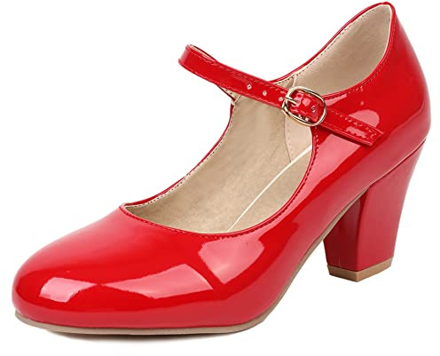 Scarpe Mary Jane da Donna con Tacco Largo, Pompe al Tallone Alto Punta Rotonda Fibbia Scarpe da Festa Moda Slwdqc Rosso Numero 47 EU
