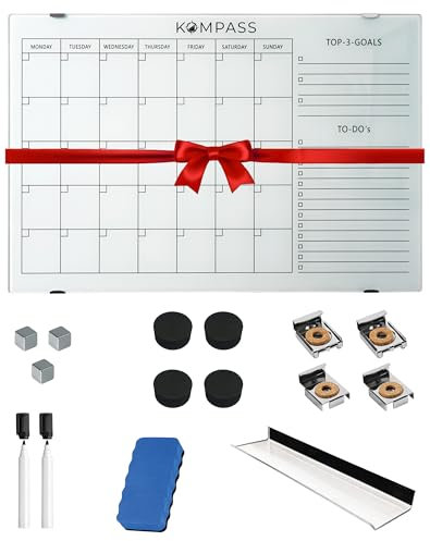Kompass Monatsplaner | Vision Board | Magnettafel– Abwischbarer Wandplaner für Gewohnheiten, Ziele & Tägliche To Do Planung – Undatiert, Wiederverwendbar-Edles Acryl-Glas Whiteboard, 60 * 40 cm, weiß