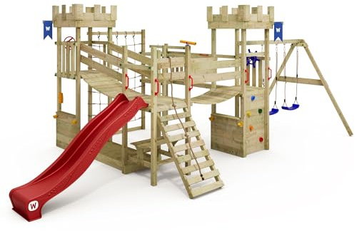Torre giochi castello WICKEY Smart Arch con altalena e scivolo rosso, torre giochi per bambini all'aperto con area a sabbia, scala e accessori da gioco per il giardino