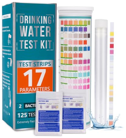 Homcoice 17 IN 1 Complete Drinking Water Test Kit (125 Strips + 2 Bacteria Tests) Well, Home Tap, City Water Testing Strip for Lead, Alkaline, Chlorine, Hardness, Iron, Fluoride, Copper & More