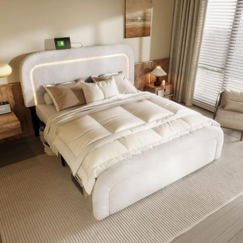 Sweiko Lit rembourré 160x200cm, Cadre de lit Double avec éclairage LED avec Fonction de Recharge USB, tête de lit réglable en Hauteur, Cadre de lit à Lattes en Bois (sans Matelas), no Drawer