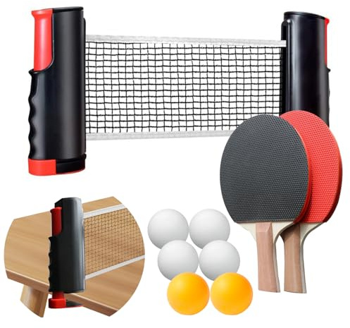 PROMFMOVE Instant Table Tennis Set, Portable Ping Pong Set with 2 Bats, Telescopic Table Tennis Net, 6 Ping Pong Balls & Storage Bag for Outdoor Sports, Family Fun, Indoor & Outdoor Games