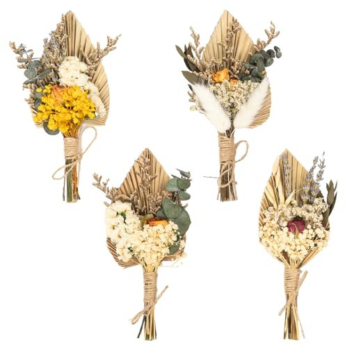LAUMOE 4 Stück Mini Trockenblumenstrauß, Trockenblumen Deko, Natürliche Trockenblume Palmblätter Set Getrocknete Blumen Trockenblumen Zum Basteln für Home Hochzeit Vasen Tischdeko