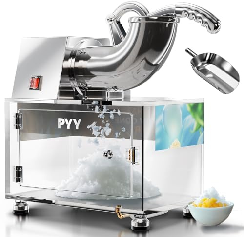 PYY Snow Cone Machine - Commercial Ice Crusher Shaver, Electric Crushed Shaved Snowcone Maker, 440LBS/H 1400RPM All-Copper Motor, Stainless Steel Full Body, Dual Blades, Acrylic Box and Drain Pipe