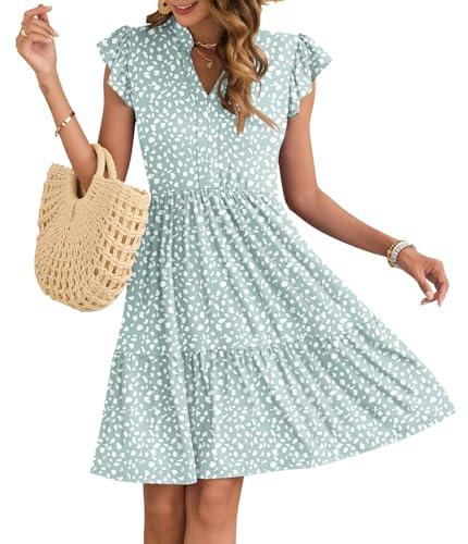 AUSELILY Dam sommarklänning V-ringad volang kortärmad damklänning wrap midja vardaglig minidress med fickor