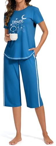 Terecey Pigiama Donna Estivo in Cotone Pigiami Due Pezzi Corto Morbido Cómodo Maglietta Stampate e 3/4 Pantaloncini con Tasca e Coulisse Regolabile para Casa S-XXL