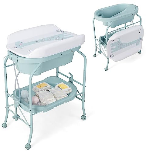 LIFEZEAL Wickeltisch mit Badewanne, 2 in 1 Flatbare Bade-Wickelkombination auf Räder, Badewannenaufsatz Wickelkommode mit offener Ablage, Babybadewanne mit Ständer Max. Belastbarkeit 35kg (Blau)