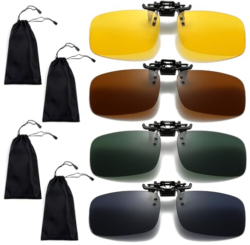 XMDROU Clip on Sunglasses, 4 Pcs Clip on Sunglasses Over Prescription Glasses, Anti Glare UV400 Protection Safe Driving Glasses with 4 Bags for Driving Traveling Outdoor Sports