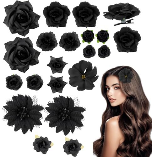 Lot de 21 pinces Barrette Fleur Artificielle Noir Pince à Cheveux Hair Clips Epingle à Cheveux pour les Femmes Filles Décoration pour Coiffure de Carnaval Danseuse Halloween Style gothique