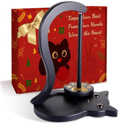 Black Cat Yarn Holder for Crochet,Wooden Crochet Yarn Holder Magnetic Yarn Spinner for Crocheting with Accessories Storage Anti-Slip Pads,Yarn Ball Holder Crochet Gift for Knitting Lover with Gift Box