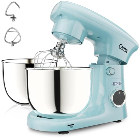 Camic Robot Pâtissier avec 3 Accessoires (Pétrissage, Mélange, Fouet), Robot Patissier avec écran LED, Minuterie, 10 Vitesses, 2 Bols en Acier Inoxydable (4 L + 5 L), pour Pâte, Pain, Pizza, Pâteaux