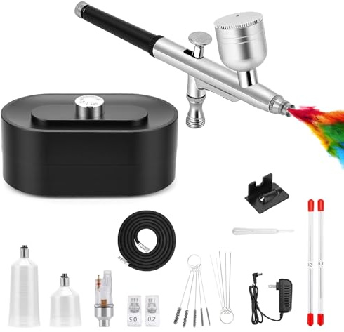 Kit Aérographe avec Compresseur – Pression réglable 48 PSI, 3 buses 0,2/0,3/0,5 mm, 3 godets 10/20/40 cc – Pour Nail Art, Décoration de gâteaux, Modélisme, Tatouages et Loisirs créatifs