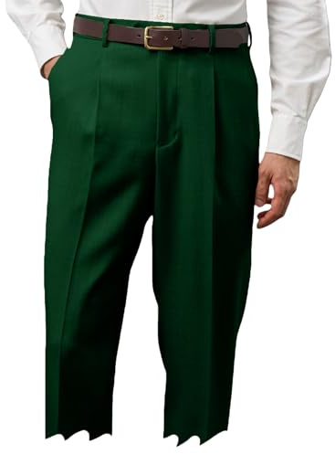 Lunuaoe Men's Dress Pleated Pants with Adjustable Waistband Pockets Long Trousers Casual Formal Spring Summer Dark Green