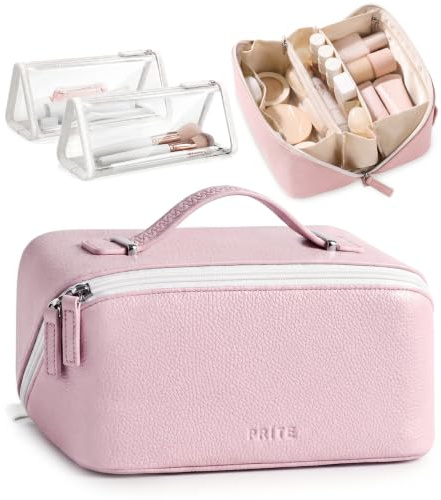 Prite 3 Pcs Travel Makeup Bag Set for Women with 2 Clear TPU Pouches, Pink | Cosmetic Case, Toiletry Bag, 3 Compartments, Brush Holder, Water-Resistant, Flat Lay, Pebbled Faux Leather, Gift Box Packaged