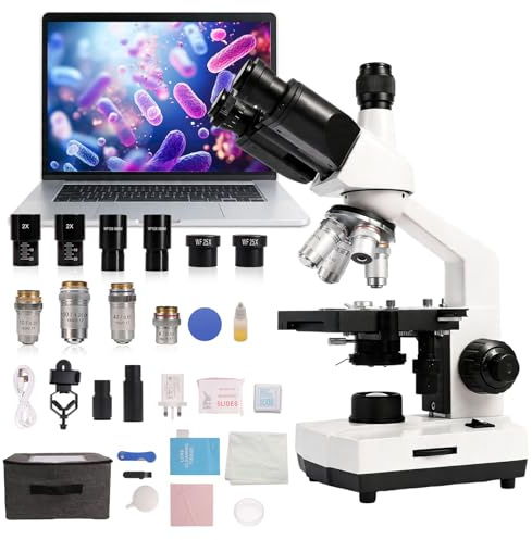 SWIFT SW320T Microscope trinoculaire 40X-5000X, microscope composé de laboratoire professionnel avec étui de transport, support de téléphone et accessoires d'expérience, corps en métal pour adultes et
