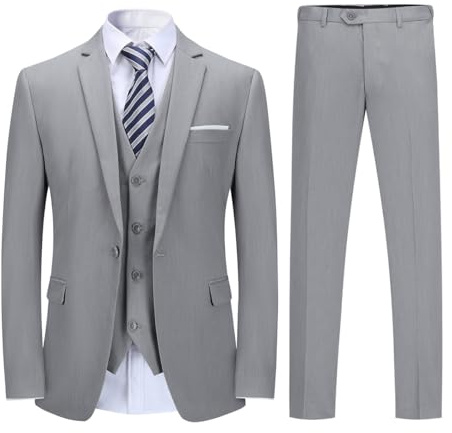Mens Suits 3 Pieces Fitted Cut Classic Style One Button Formal Suits, M, Light Grey