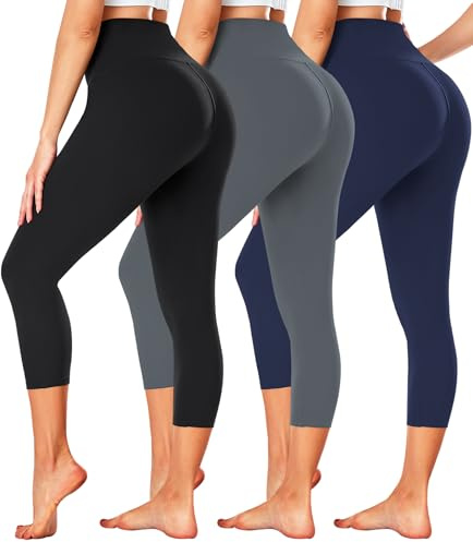 FULLSOFT 3 Pack Capri Leggings for Women - High Waisted Tummy Control Butt Lifting Compression Capri Workout Pants for Women Spandex Buttery Soft Tights Clothing(Black,Dark Grey,Navy Blue,L-XL)
