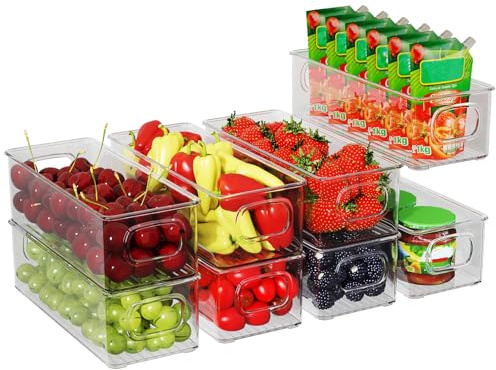 Finew Fridge Organiser Set of 8, Stackable Storage Box, Small Refrigerator Organizer Bins with Handles for Kitchen, Freezer, Pantry, Cupboards - Clear BPA-Free Storage Container