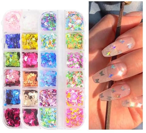 24 färger/3D fjäril nagel nagel glitter nagelsequins för ansikte holografisk nagelkonst body glitter