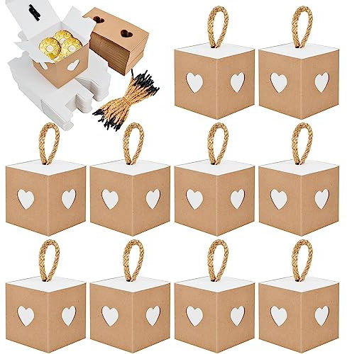 50 Stk Geschenkbox Klein,Kleine Geschenkboxen Weiß & Braun mit Herz,5,5 x 5,5 x 5,5cm Kraftpapier-Geschenkboxen,Faltgeschenkboxen mit Notizblock für Süßwaren, Gastgeschenke,Hochzeit,Party, Geburtstag
