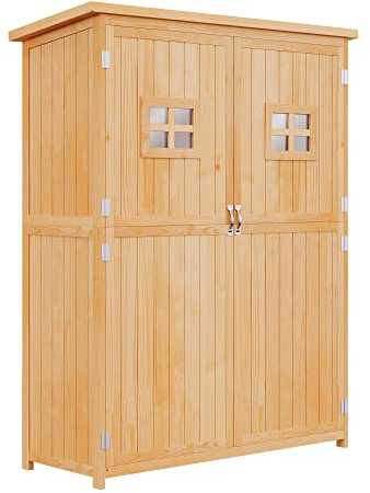 Outsunny Abri de Jardin en Bois Armoire de Jardin dim. 127,5L x 50l x 164H cm 2 étagères 2 Portes 2 fenêtres Toit bitumé étanche Bois Massif Sapin pré-huilé Bois Naturel