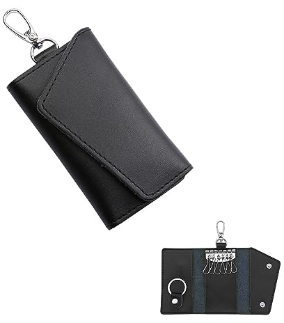 FuninCrea Custodia in Pelle per Portachiavi, Portatile con Chiusura a Scatto, Borsellino per Auto (Nero)