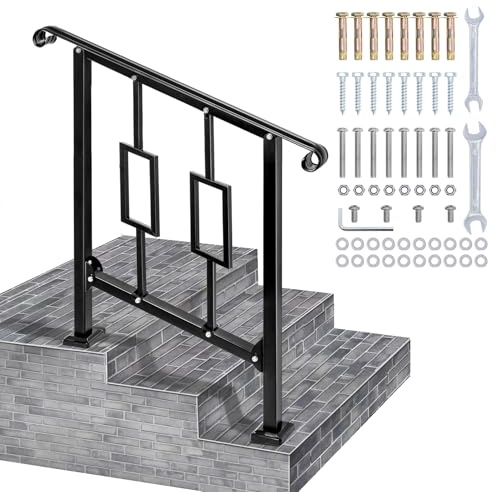 LMRSTOO Handrails for Outdoor Steps, Fit 2 or 3 Steps Outdoor Stair Railing, Black Wrought Iron Handrail Handrails for Concrete Steps or Wooden Stairs (2-3 Step Vertical Rect)