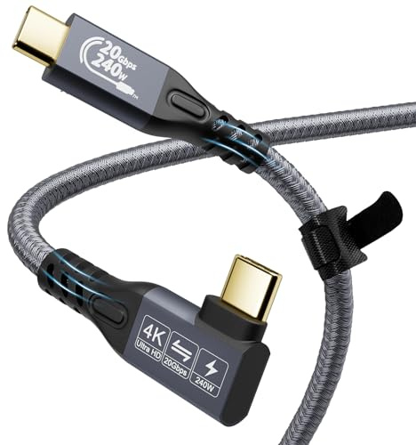 YIWENTEC USB C-kabel till USB C 3.2 hane, hane Gen2 × 2 typ C laddningskabel, 20 Gbps dataöverföring, 240 W 48 V/5 A snabbladdningskabel, 4K @ 60Hz videoöverföring (vinkel, 0,5 m)