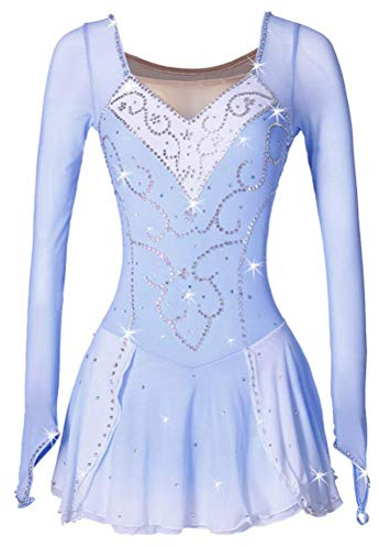 YDHTIZ Professionelles Eiskunstlauf Wettkampf Kleid Langärmliges Eislauf Performance Kostüm Für Mädchen Strass Gymnastik Trikots Mit Fingerpunkt Ärmeln,Blau,S