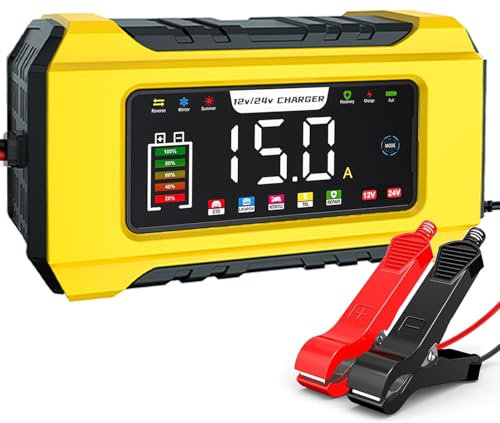 Caricabatteria da auto da 15 A, 12 V/24 V, con schermo LCD, compensazione della temperatura per auto, AGM, Gel, Wet, SLA per batterie al piombo acido e batterie LiFePO4