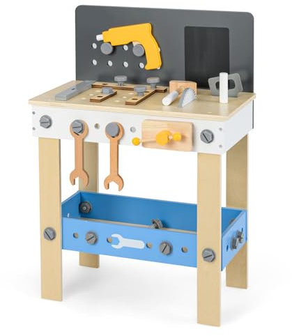 HOMASIS Werkbank Kinder, Werkzeugbank Holz, Holzwerkbank Werkstatt mit 50 TLG. Zubehör & Tafel & Arbeitsplatte & unteren Ablage, Spielwerkbank mit Werkzeugen, Kinderwerkbank ab 3 Jahre, 51x28x72cm