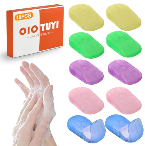 OioTuyi 200 hojas de jabón desechables (10 x 20 unidades) para viajes, camping y exteriores, jabón de papel para llevar, mini hojas de jabón portátiles con material respetuoso con el medio ambiente