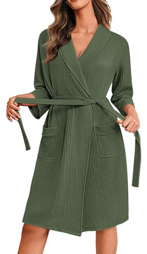 Ekouaer Robes for Women Waffle Knit Bathrobe Lightweight Kimono Robe Knee Length Loungewear with Pockets Green XL
