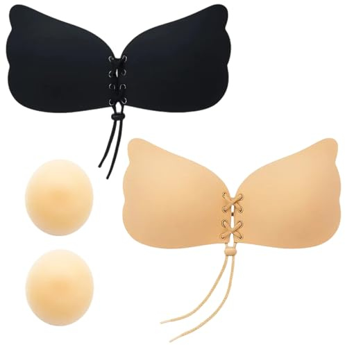 Stick On Bra, Strapless Bras for Women, 2 Pairs Backless Sticky Bra Push Up with Small Sticky Bra, Invisible Adhesive Bra with Drawstring for Wedding Party Everyday Wearing (UK, Cup & Band, C)