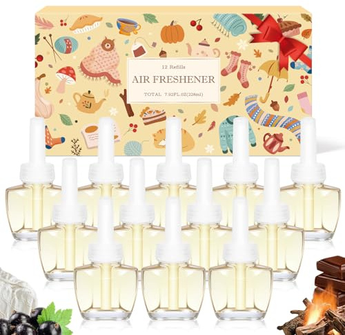 SCENTORINI Doftoljeflaska, påfyllning, kompatibel med Air Wick och Glade doftplugg, 12 x 19 ml, svarta vinbär, ullfilt, varm choklad, varm öppen spis, rumsdoft, luftrenare, rum doftolja