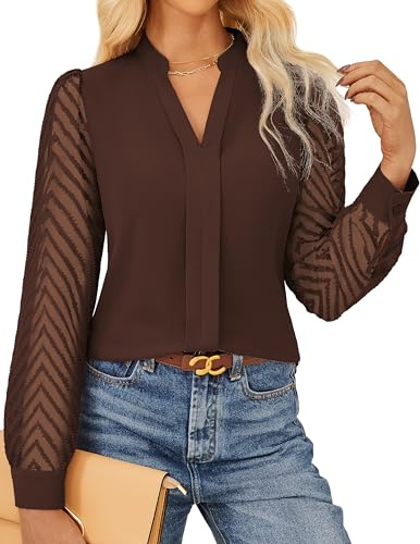 Grace Karin Women Business Casual Tops Sheer Lace Long Sleeve Blouses Work Office Pleated V Neck Shirt Fall Formal Outfits, Coffee, M