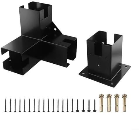 Lawnoval Right Angle Corner Bracket Kit with Pergola Post Base and 3-Way Flange for Wood Beams, Steel and Aluminum Alloy(Base+3T)