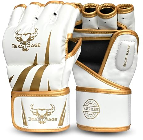 BEAST RAGE MMA-Handschuhe Herren für Grappling Handschuhe MMA Muay Thai Kickboxen Handschuhe mit Handgelenkstütze, stoßdämpfender Polster für Damen Fighting, BJJ Kinder (Weiß/Gold, S/M)