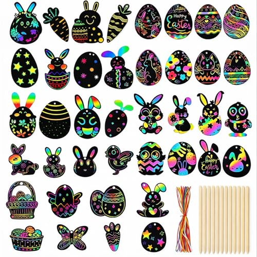 56 Stück Ostern Kratzbild, Osterdeko zum Basteln, Bastelset Ostern, Kaninchen Karottenei Ostereier Küken und Blümchen Bastelset, Kratzbilder Kinder, für Oster Anhänger Dekoration DIY Handwerk