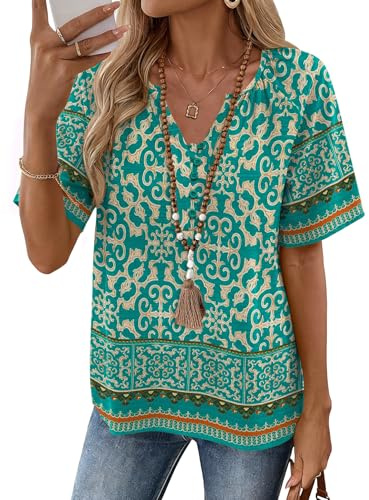 Rapbin Chemisier d'été pour femme - Col en V - Élégant - En coton - T-shirt décontracté - Avec boutons - Tunique décontractée de S à XXL, M