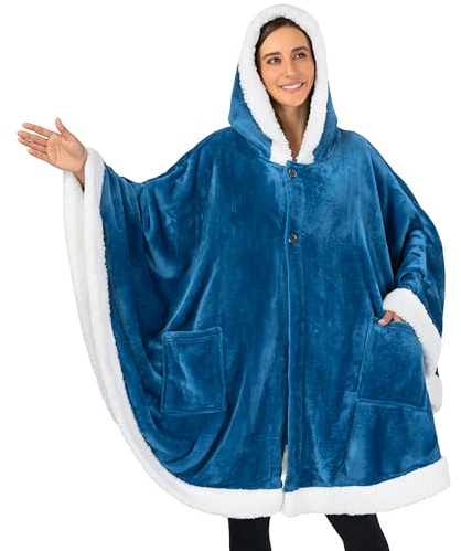 PAVILIA Hooded Blanket Poncho, Fleece Wearable Shawl Wrap Throw, Sea Blue
