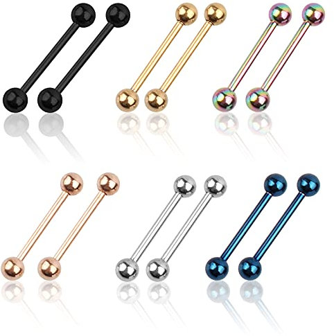 Liuxn 6 Paar 9/16 Zoll Edelstahl Zunge Barbells Knorpel Körper Piercing Ring für Nippel Lippe, 14 Gauge, 6 Farben